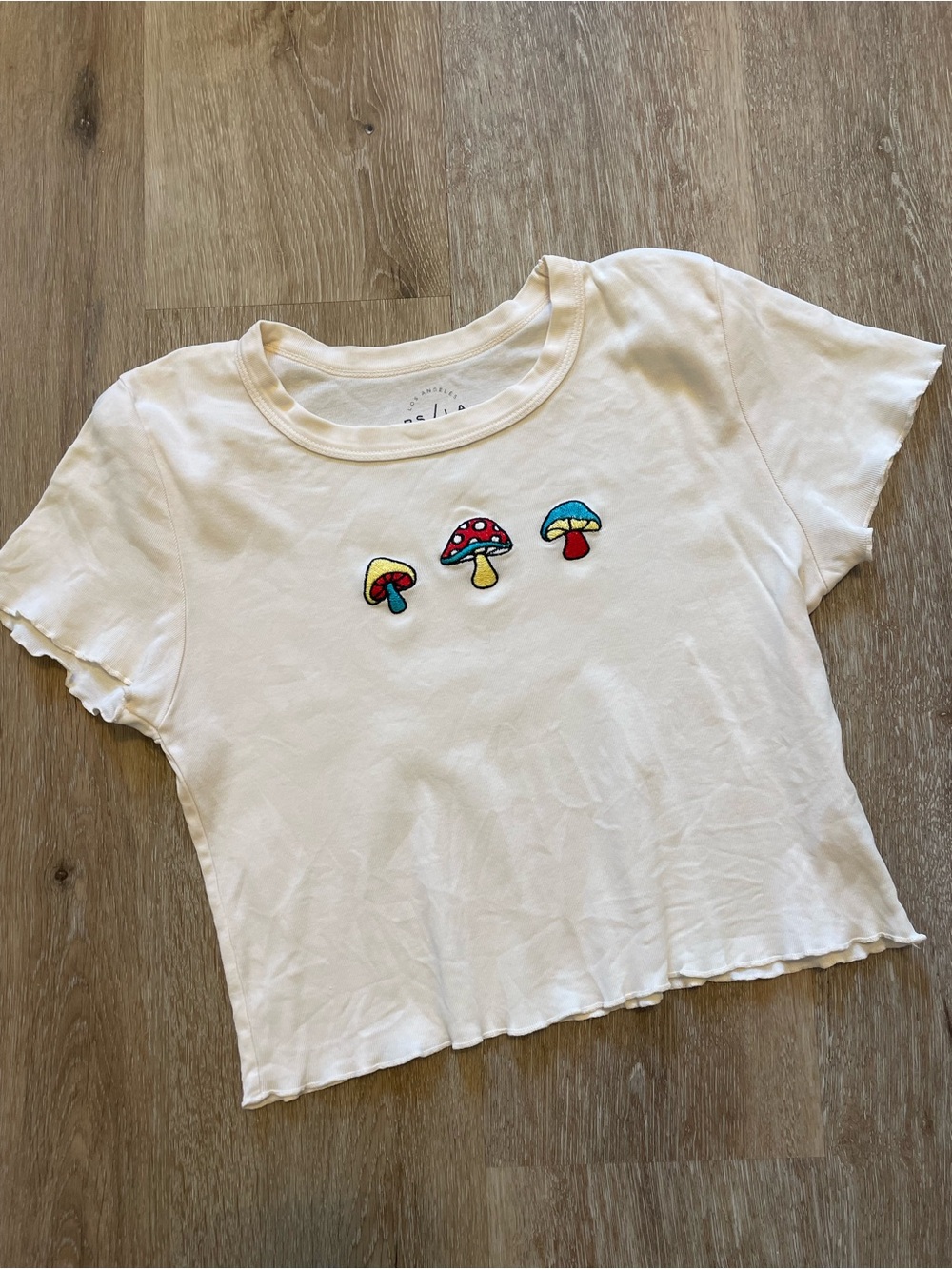 PacSun White Crop Tee with Colorful Mushroom Embroidery